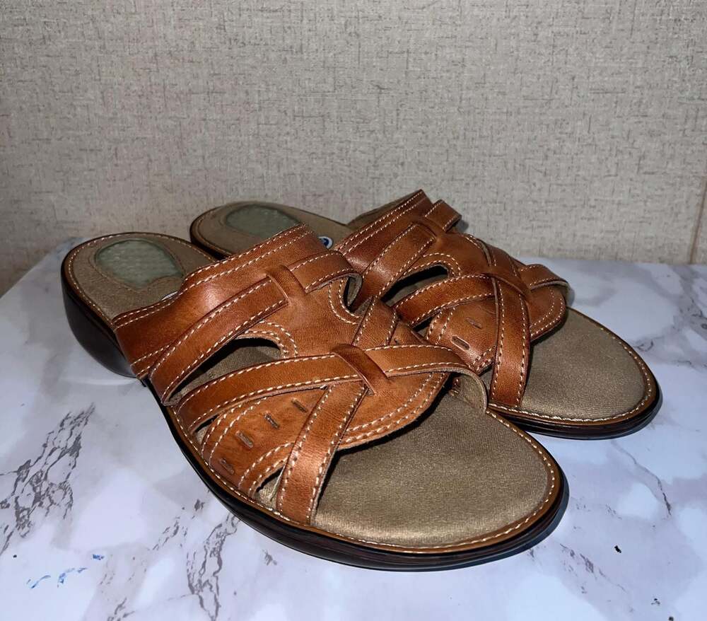 Dr Scholls Sandals Women's 8 Brown Leather Wedge Gel Pac Heel Slides Shoes EUC